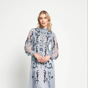 Respirant antistatique écologique col rond a-ligne pleine longueur en mousseline de soie Maxi robe à manches longues décontracté Club soirée adultes - Product Image 1