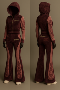 Ensemble de survêtement d'athlétisme en velours pour femmes en gros sweat à capuche zippé pantalon évasé conception de broderie tenue deux pièces solide - Product Image 5