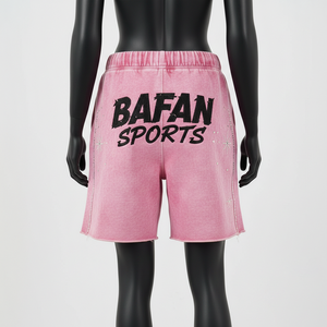 Shorts de sport pour femme en molleton de coton 320 GSM de haute qualité, rose délavé, respirant, avec broderie personnalisée et logo en strass. - Product Image 2