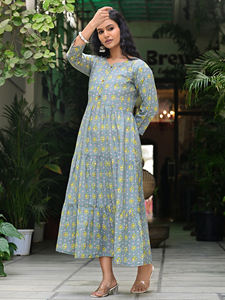 Women Gray Geometric Print 100% Cotton Woven Eco-Friendly Button Casual Ethnic <b>Mid</b>-<b>Calf</b> Dress - Product Image 4