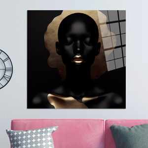 Décoration moderne, portrait abstrait de femme noire imprimé sur toile, accent doré, ART SUR VERRE TÉMPERÉ - Product Image 1