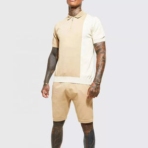 Nouvelle arrivée été tricoté survêtement pour hommes deux pièces couleur bloc chemise sport porter hommes ensemble court - Product Image 1