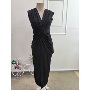 Robe midi Sandy à manches courtes et col en V pour femme, avec détail croisé sur le devant et fente, 35328 - Noir - Product Image 4