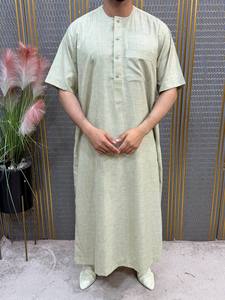 <b>Men's</b> Gray Cotton <b>Thobe</b> Short Sleeve Round Neck Embroidered Ethnic Regular Fit Breathable Floor Length Daily Wear Islam Style - Product Image 4