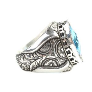 925 Sterling Silver Men's Statement <b>Ring</b> Handcrafted with Aquamarine Blue Stone and Engraved Rose Motif for Everyday Wear - Product Image 2