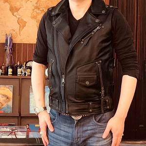 <b>Men's</b> High Quality Classic Asymmetrical Moto Rider Genuine Cowhide <b>Leather</b> <b>Waistcoat</b> Lapel Collar Sleeveless Winter Outer Wear - Product Image 4