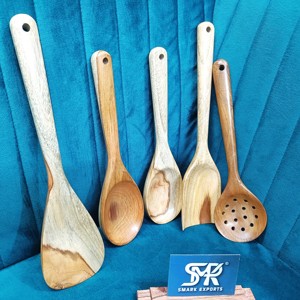 Ensemble de cuillères de luxe élégantes en bois de teck écologique de qualité supérieure, 5 pièces, lavables au lave-vaisselle, ustensiles non toxiques pour le brassage quotidien des repas - Product Image 1