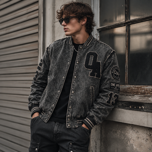 Custom Charcoal Acid Wash Hooded V-neck Distressed Letterman <b>Baseball</b> <b>Jacket</b> Vintage Wool Leather Winter OEM ODM - Product Image 1