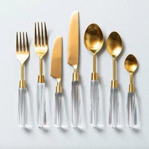 <b>Tea</b> Spoon <b>Set</b> Fork Dessert Spoon Butter Knife Gold Color Acrylic White Handle Stainless Steel Kitchenware Wedding Spoon - Product Image 1