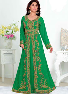 Caftanes islámicos Georgette bordados verdes con hijab a prueba de sol. - Product Image 2