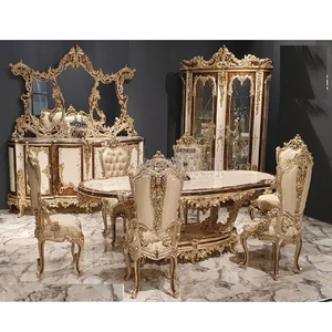 ชุดเฟอร์นิเจอร์โต๊ะอาหาร6ที่นั่งแกะสลักด้วยมือ,โต๊ะทานอาหารไม้สักมหาราจาดีไซน์แกะสลักจากยุโรปสีทองชั้นเยี่ยม - Product Image 1