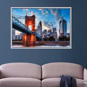 Póster en lienzo de Cincinnati: obra de arte de paisaje urbano, impresión de puente, decoración para colgar en la pared, 1P: con marco blanco - Product Image 1