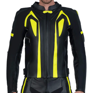Veste de moto en cuir de vachette véritable pour homme, protection de course blindée CE, haut coupe-vent imprimé noir jaune - Product Image 1