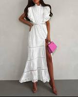 Robe midi blanche unie en dentelle tissée à œillets, élégante, sans manches, fendue, taille naturelle, moulante, en coton, pour femme, vente en gros