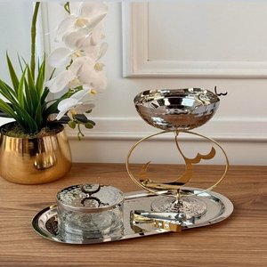 Brûleur d'encens de luxe en acier inoxydable, or poli, lettres arabes, bois de santal, ensemble de cadeaux de mariage arabe - Product Image 3