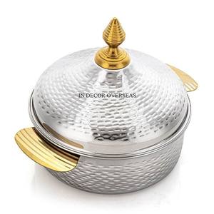 Casserole de forme ronde polie brillante de couleur argentée de texture martelée avec le couvercle supérieur plaqué or pour les ustensiles de cuisine de maison et d'hôtel - Product Image 4