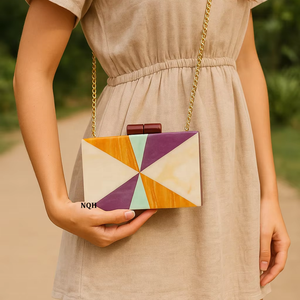 Bolso de Mano de Lujo Hecho a Mano, Duradero y Ecológico, de Madera y Resina, con Diseño Geométrico Incrustado, Cadena Cruzada, Logotipo Personalizado, Bolso de Noche - Product Image 1