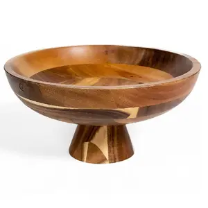 Acacia Wood Amazon top trending 2023 Wooden Fruit Bowl with Pedestal 12 inch Diameter high quality Wood Fruit Bowl for Kitchen