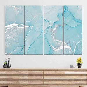 Toile imprimée : encre alcoolisée bleue, art marbré argenté, décoration élégante pour la maison, lot de 4 toiles - Product Image 1