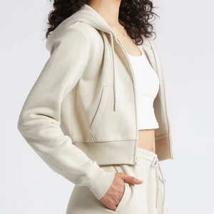 Sudadera con capucha corta con cremallera de gran tamaño para chicas al por mayor, tops recortados en blanco lavados con ácido, Sudadera con capucha vintage holgada para mujer - Product Image 3