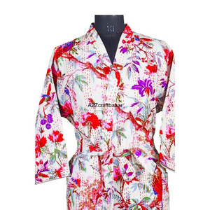 Bata de Invierno Ecológica 100% Algodón para Mujer, Larga, Tejida, con Estampado Floral, Cuello en V, Cierre con Cordón, Mangas Tres Cuartos - Product Image 3