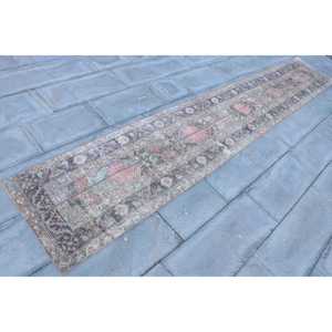 Alfombra Turca Vintage de Lana, 2x12.4 pies (62x379 cm), Azul con Diseño de Parches, Respaldo de Látex Ecológico - Product Image 3