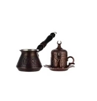 Pot à thé et café turc en laiton pur de couleur antique au design personnalisé Pot à café turc en relief Chauffe-lait avec couvercle en bois