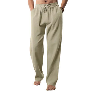 Ropa de verano Pantalones de lino casuales para hombres y pantalones de lino de patrón sólido recto de cintura elástica transpirable de color sólido - Product Image 4