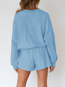 Conjunto de 2 piezas al por mayor, sudadera de verano sencilla a la moda con logotipo bordado hecho a medida y conjuntos informales de manga corta para mujer - Product Image 4