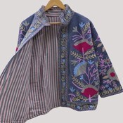 Chaqueta de Terciopelo Azul Suzani, Prenda Étnica Bohemia Bordada, Abrigo Bohemio para Festivales, Chaqueta Corta Bordada Estilo Boho de la India - Product Image 4