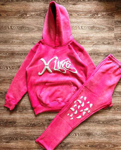 Nueva llegada Unisex 100% algodón 320GSM pulóver con capucha pantalones de chándal conjunto 3D Puff impresión sólido Flare inferior OEM hombres chándal trajes - Product Image 5