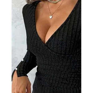 Blusa de punto cepillado con adornos de perlas y escote cruzado de manga larga para mujer, 28223 - Product Image 2