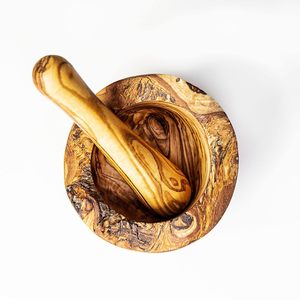 Mortero y Maja de madera 100% Trituradora de hierbas de madera de Olivo natural Juego de mortero y Maja tunecina ecológica Premium Rústico - Product Image 6