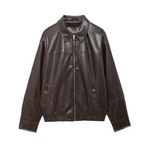 Nouvelle veste de pilote à manches longues et revers lâche de couleur unie pour femmes en imitation cuir - Product Image 5