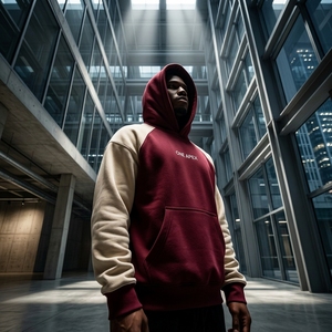Sweat-shirt décontracté surdimensionné pour homme, couleur bordeaux crème, à manches raglan, avec poche kangourou et doublure polaire contrastante, personnalisable - Product Image 3