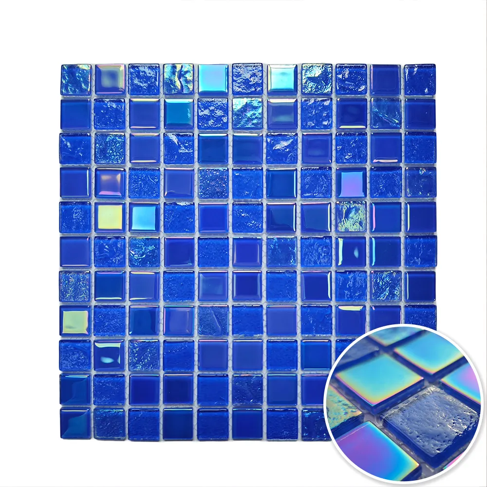 Customized 4mm Iridescent Rainbow Color Glass Mosaic Tile Sky Blue Green Crystal Swimming Pool Wall Decorative Modern Interiors