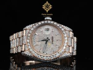 Montre-bracelet unisexe à mouvement mécanique automatique de 41 mm, cadran analogique, affichage de la date et du jour, entièrement sertie de pierres, acier inoxydable, verre - Product Image 5