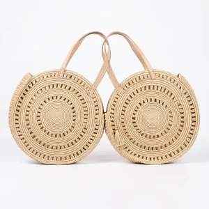 Natural <b>Raffia</b> Woven Round Tote Bag with Tassel Luxury Bohemian Shoulder <b>Handbag</b> Two Straps for Beach Travel up to 1L Capacity - Product Image 4
