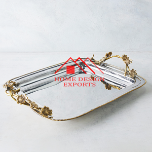 Latest Design Stainless Steel Serving <b>Tray</b> with Brass Handle for <b>Table</b> Centerpieces 2024 New Design Hot Sale Rectangle Foods - Product Image 2