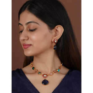 Conjunto de Collar y Pendientes de Latón Chapado en Oro de 18K con Circonitas, Ajustable, con Cierre de Hilo/Dori, Modelo CC-S27, Joyería de Moda - Product Image 2