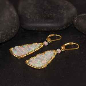Multifire White <b>Opal</b> Dangle <b>Earrings</b> For Her Natural White Fire <b>Opal</b> 925 Sterling Silver 14k Gold Plated Delicate Gift - Product Image 3