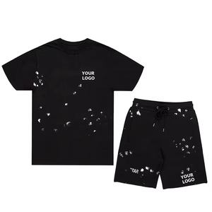 Dernière sérigraphie personnalisée survêtement unisexe à manches courtes en coton pour hommes 2 pièces ensemble court d'été ensemble de t-shirts unis - Product Image 4