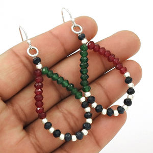 Ruby Emerald Gemstone Beaded Beaded <b>Earring</b> 925 Sterling <b>Silver</b> Custom Size Women Handmade <b>Dangle</b> Gemstone Beaded Hoop <b>Earrings</b> - Product Image 5