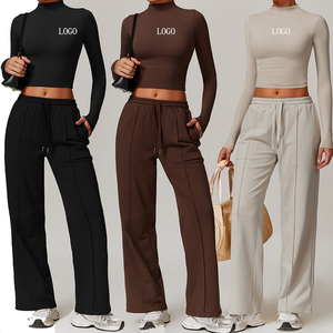 ชุดออกกำลังกายผู้หญิง 2 ชิ้น ปี 2026 พร้อมโลโก้แบบกำหนดเอง ด้านหน้าเรียบ ชุดโยคะ กางเกงออกกำลังกาย สปอร์ตบรา เอวยางยืด - Product Image 1