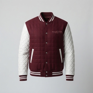 <b>Men</b> Navy <b>Brown</b> <b>Leather</b> Sleeve <b>Jacket</b> Wool Blend Snap Button Rib Collar Custom Casual Outerwear - Product Image 1