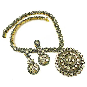 Vintage 925 Silver Plated Kundan <b>Necklace</b> <b>Set</b> with <b>Pearl</b> Crystal Rhinestone Flower Design for Women Wedding Jewelry - Product Image 1