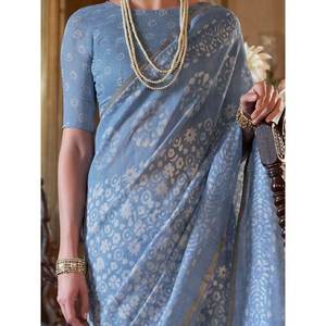 Sari en coton imprimé floral bleu aqua délicieux pour les festivals et les spectacles - Product Image 4