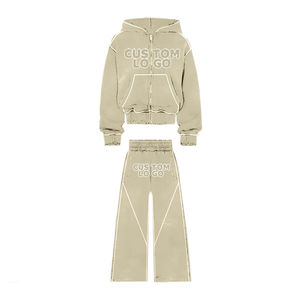 Vêtements de rue patchs de broderie personnalisés lettres survêtement délavé en détresse veste Vintage à capuche et pantalon évasé ensemble - Product Image 5