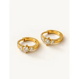 Tri <b>Diamond</b> Mini Huggie Hoop <b>Earrings</b> in 14k Gold with Zircon <b>and</b> <b>Pearl</b> - Product Image 1
