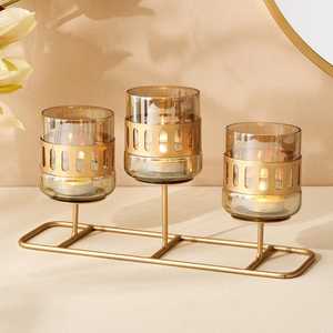 Nouveauté verre métal t-light support lanterne ouragan bougeoir bougie lampe finition or verre bleu pour la décoration - Product Image 2